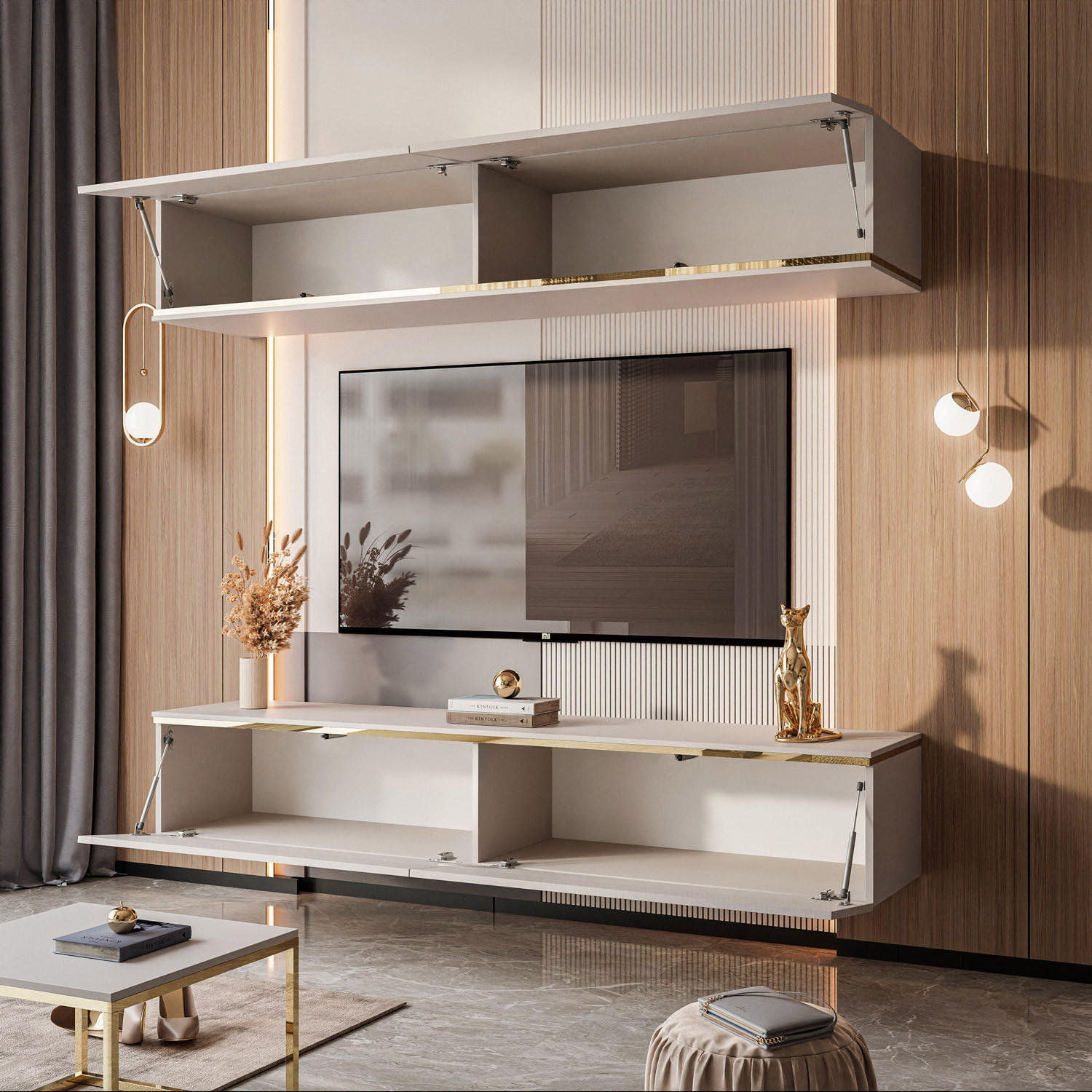 Thumbnail - Lookway Wohnwand, Kaschmir, Holzwerkstoff, Uni, Rechteckig, 180x32x40 cm, Wohnzimmer, Wohnwände, Anbauwände