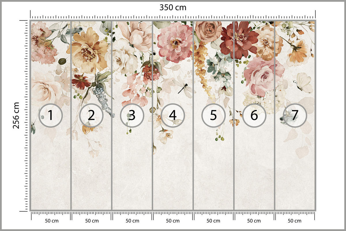 FOTOTAPETE für Esszimmer Aquarellblumen Blätter Pflanzen Pfingstrosen Rosen 350x256 - Multicolor, Papier (350/256cm) - Muralo