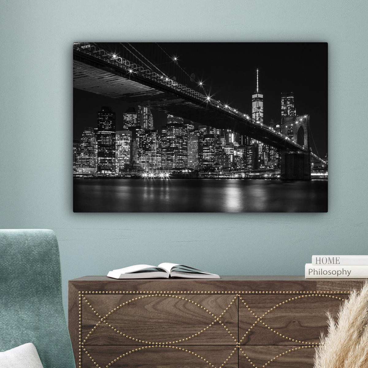 LEINWANDBILD New York - Brooklyn - Brücke Gemälde 60x40 cm - Schwarz, Textil (60/40cm) - MuchoWow