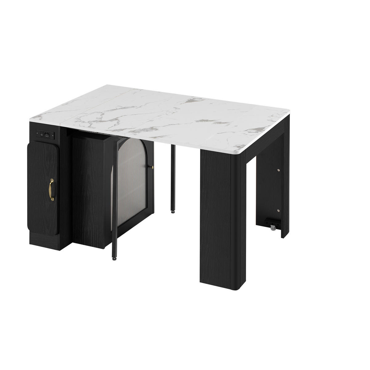 KÜCHENINSEL aus MDF und Glas 83x40x77 cm Weiß/Schwarz ausziehbar mit Rollen, LED und USB/Type-C - Schwarz, Holzwerkstoff (83/77/39.6cm) - Modfu