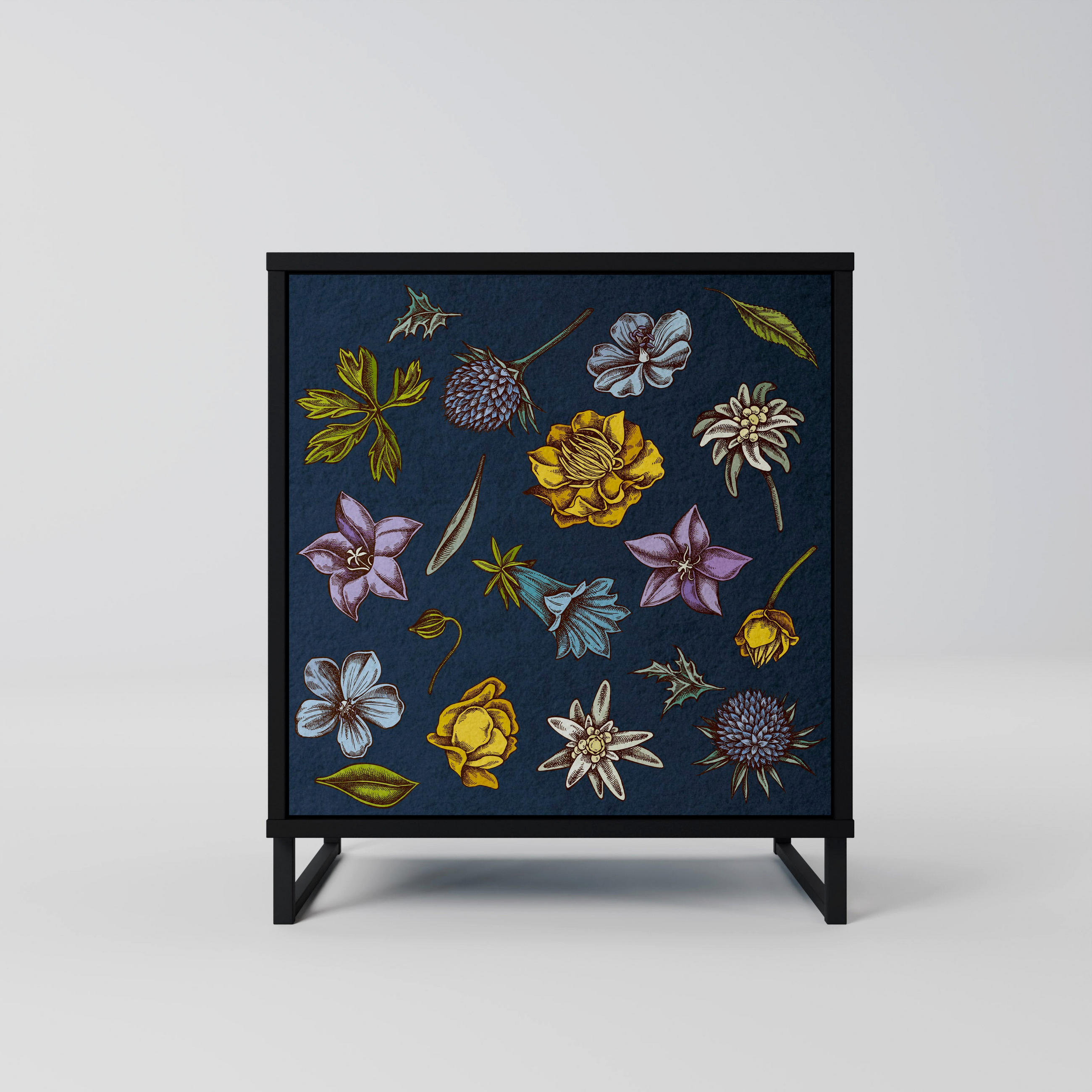 SIDEBOARD FLOWERS ON NAVY BLUE, Schwarz, 57,5x42x67,5 cm, Schwarze Metall-Rahmenfüße - Multicolor/Schwarz, Holzwerkstoff/Metall (57.5/67.5/42cm) - SpaceRebels