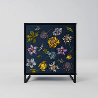 SIDEBOARD FLOWERS ON NAVY BLUE, Schwarz, 57,5x42x67,5 cm, Schwarze Metall-Rahmenfüße - Multicolor/Schwarz, Holzwerkstoff/Metall (57.5/67.5/42cm) - SpaceRebels