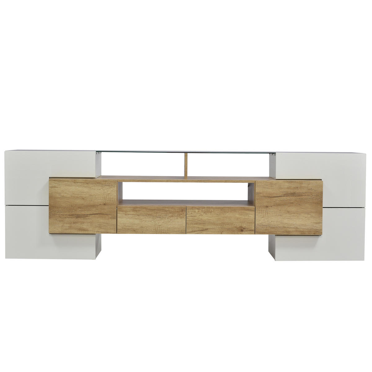 TV-SCHRANK aus MDF 200x35x60 cm Natur/Hochglanzweiß mit LED-Beleuchtung und viel Stauraum - Weiß, Holzwerkstoff (200/60/35cm) - Modfu