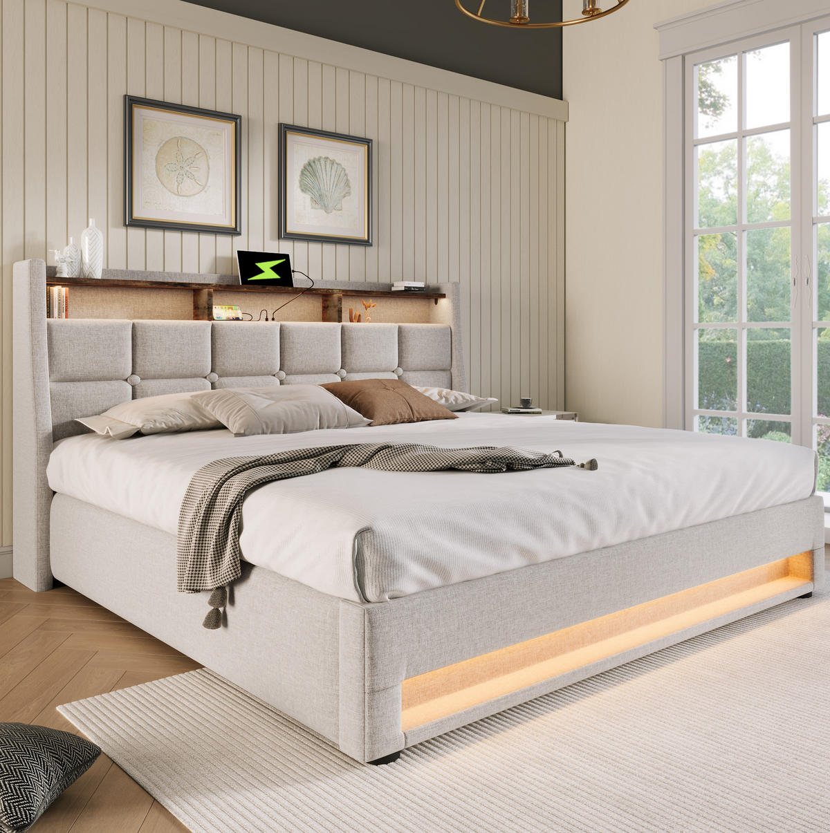 POLSTERBETT 140/200 cm Beige mit LED-Beleuchtung, USB-Anschlüssen und Stauraum - Beige, Textil (140/200cm) - Flora Grace