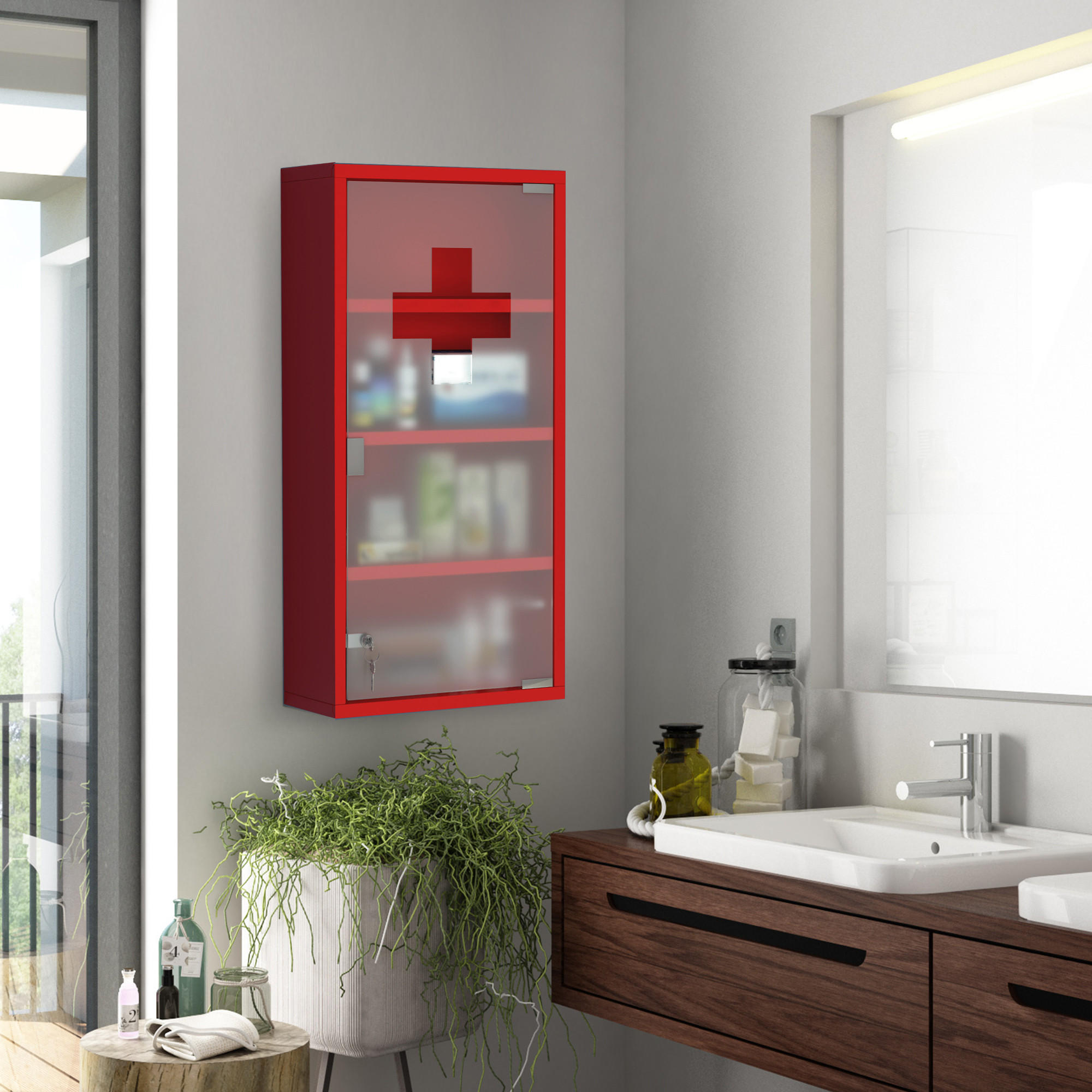MEDIZINSCHRANK, mit 3 Ebenen, Mattglastür, Stahl, Rot, 27 x 57 x 12 cm - Rot, Glas (12/60/30cm) - HOMCOM