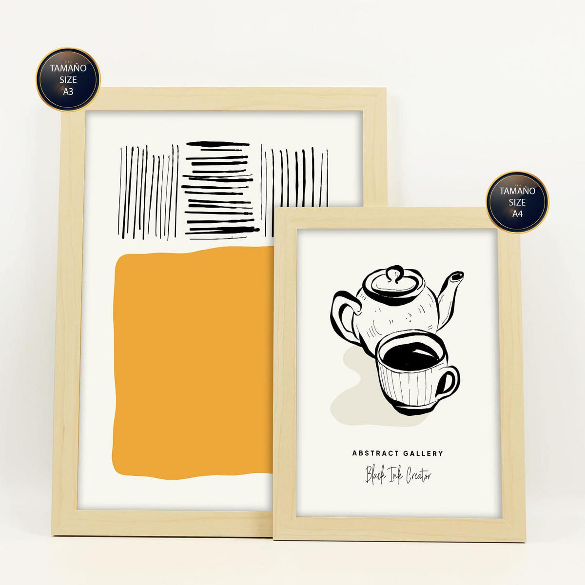 POSTER Set Mit 6 In Schwarzer Tinte Heim Künstlerische Und Abstrakte Drucke Für Innenarchitektur A3 & A4 Rahmen Aus Hellem Holz - Beige, Papier (29/3cm) - Nacnic