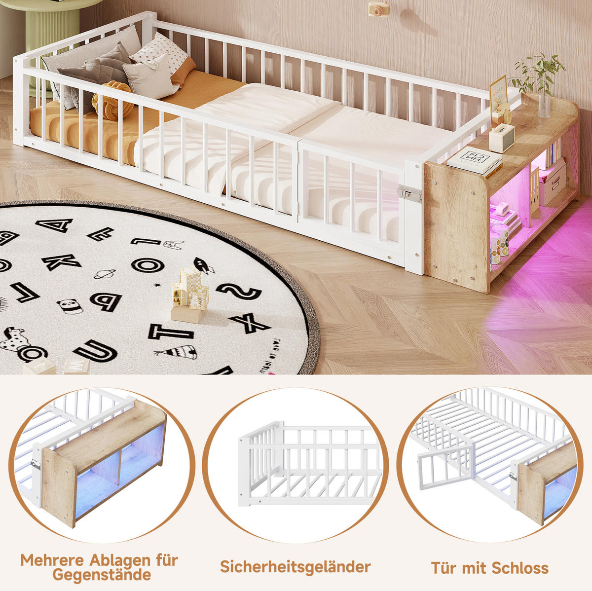 DETSKÁ posteľ 90/200 cm biela s ochranným zábradlím úložným priestorom a LED osvetlením z kovu a MDF - biela, kompozitné drevo (90/200cm) - OKWISH