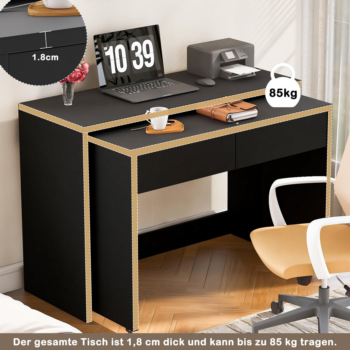 SCHREIBTISCH 2-in-1 Kommode ausziehbar Rollen Holz 1,8 cm modern - Schwarz, Holzwerkstoff (110/40/78cm) - FLIEKS