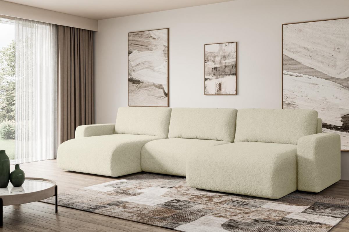 WOHNLANDSCHAFT mit Schlaffunktion und Bettkasten KLEEA-U - 347x143x83 cm Beige Bouclé - Beige/Schwarz, Holzwerkstoff/Kunststoff (347/83/143cm) - ALTDECOR