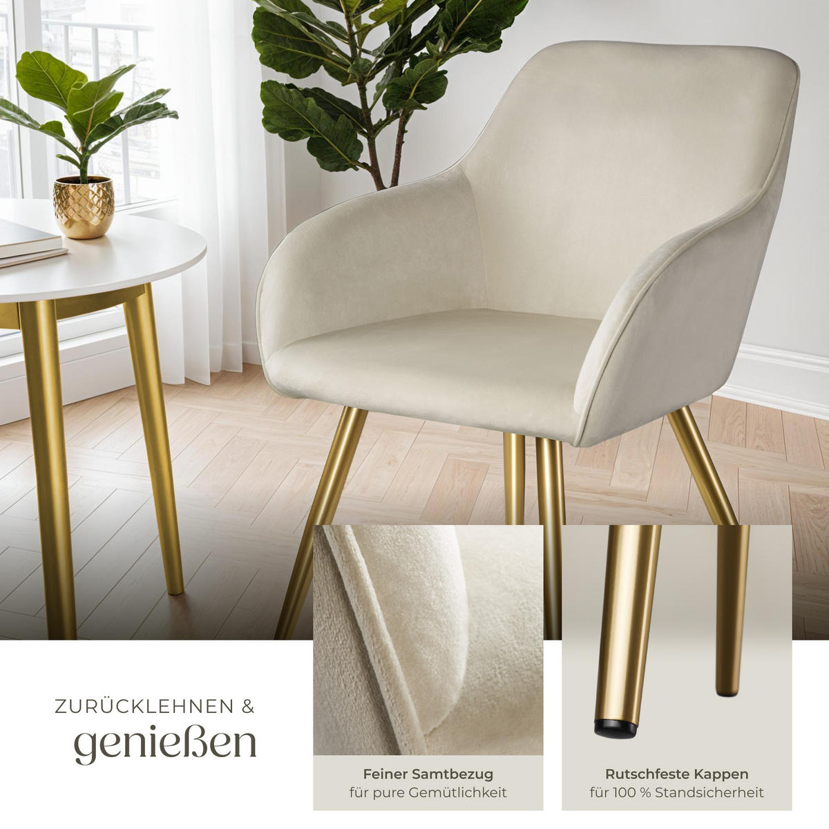 ESSZIMMERSTUHL 2er Set Marilyn 58 x 62 x 82 cm creme/gold - Goldfarben/Creme, Textil (58/82/62cm) - tectake