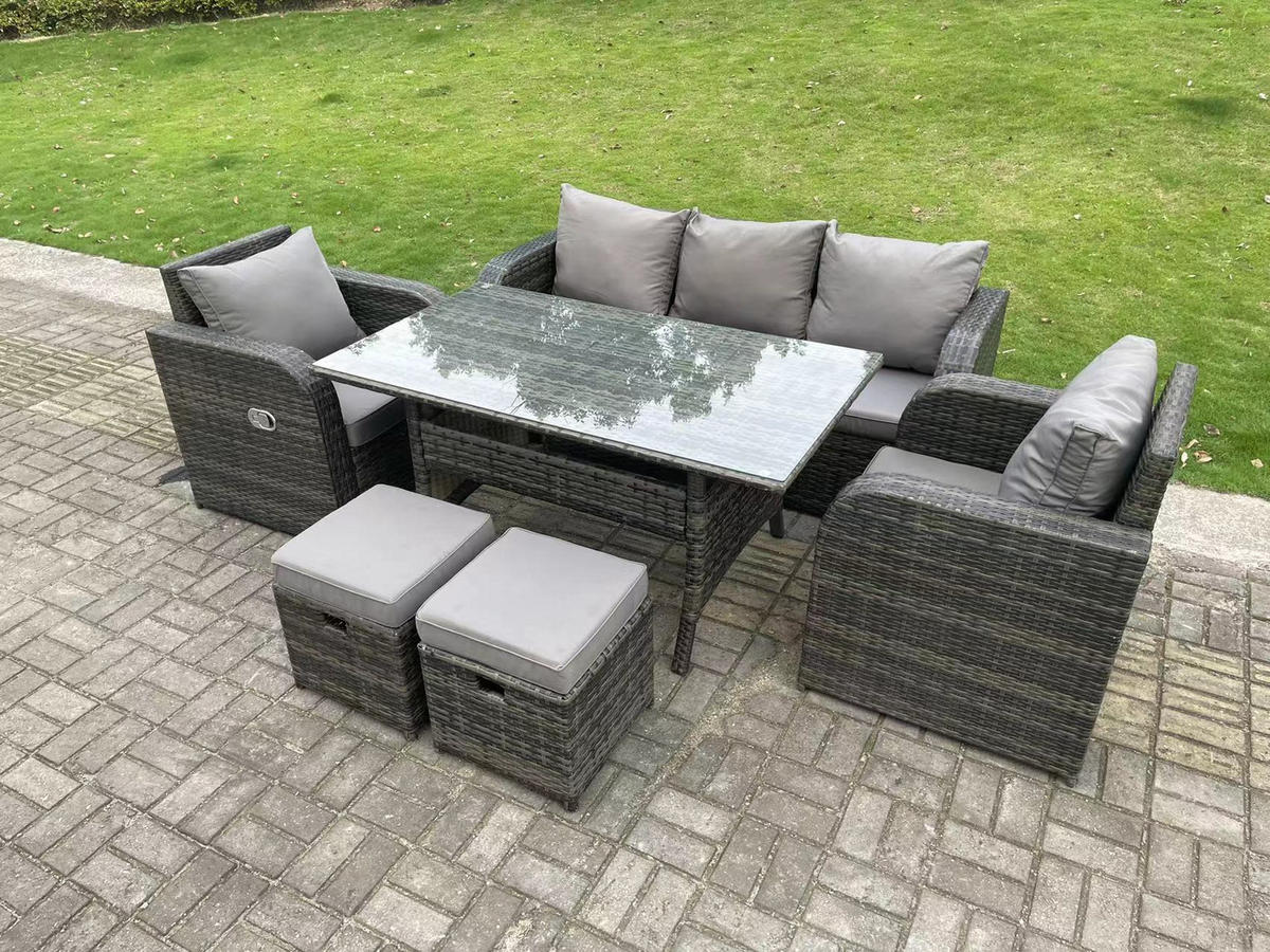 GARTENMÖBELGARNITUR mit Esstisch Polyrattan Dunkelgrau 7-Sitzer - Dunkelgrau/Grau, Glas/Kunststoff - Fimous
