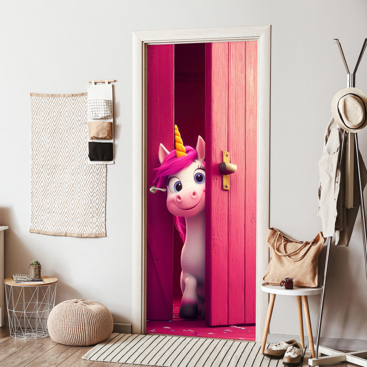 NÁLEPKA NA DVERE Jednorožec - Ružová - Dvere - Fantázia 80x215 cm - pink, plast (80/0.1cm) - MuchoWow