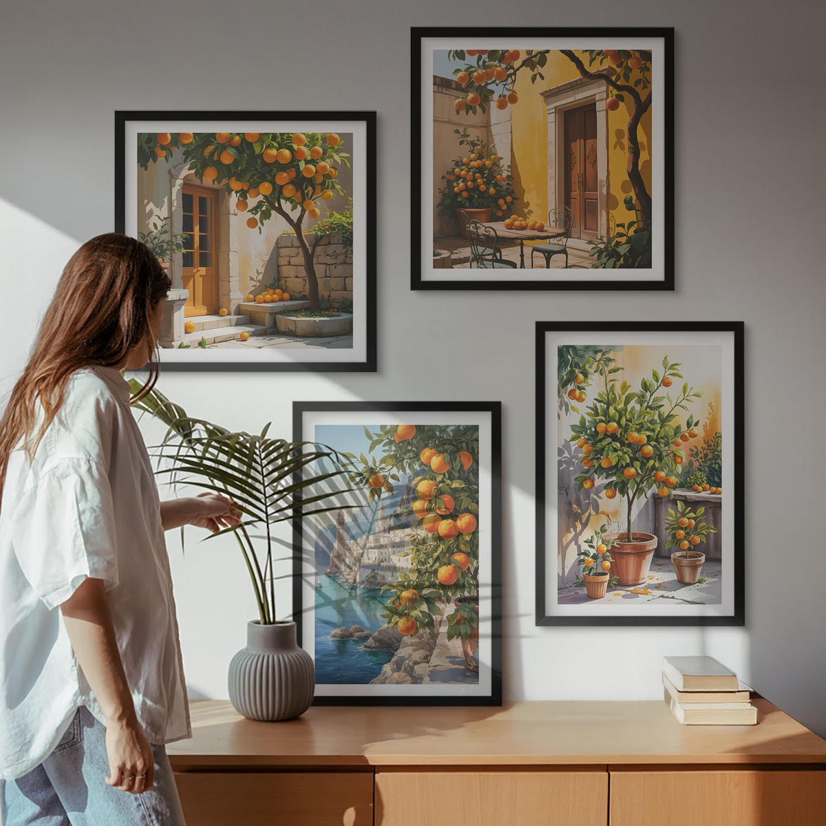 WANDBILDER 4er-Set - 50x50 cm & 40x60 cm Schwarzer Rahmen - Gemalte Zitruslandschaften - Schwarz, Kunststoff (50/50cm) - ArtPrintCave