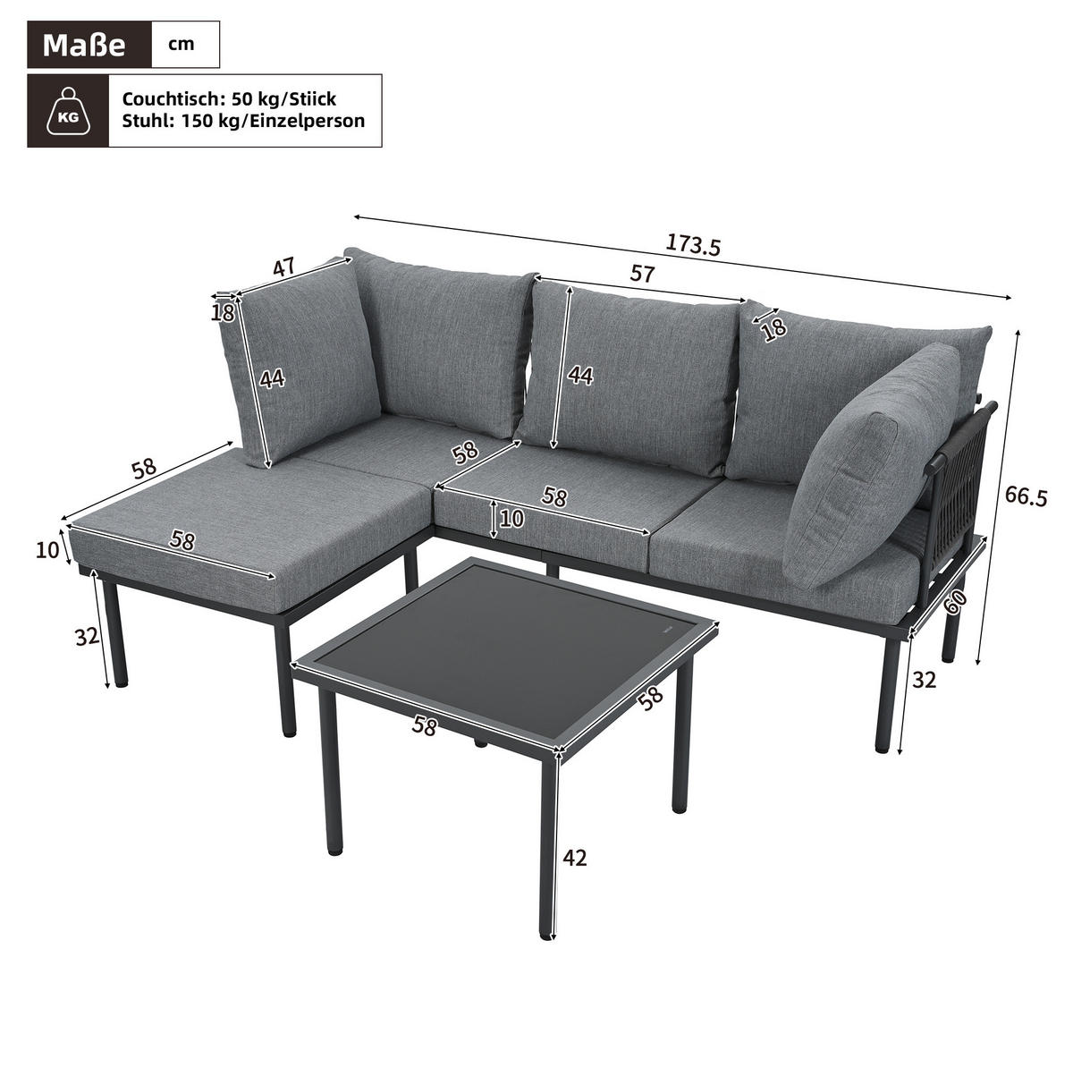 GARTENMÖBEL 173x60x66cm grau aus Olefin und verzinktem Stahl mit Sofaset - Grau, Metall - Modfu