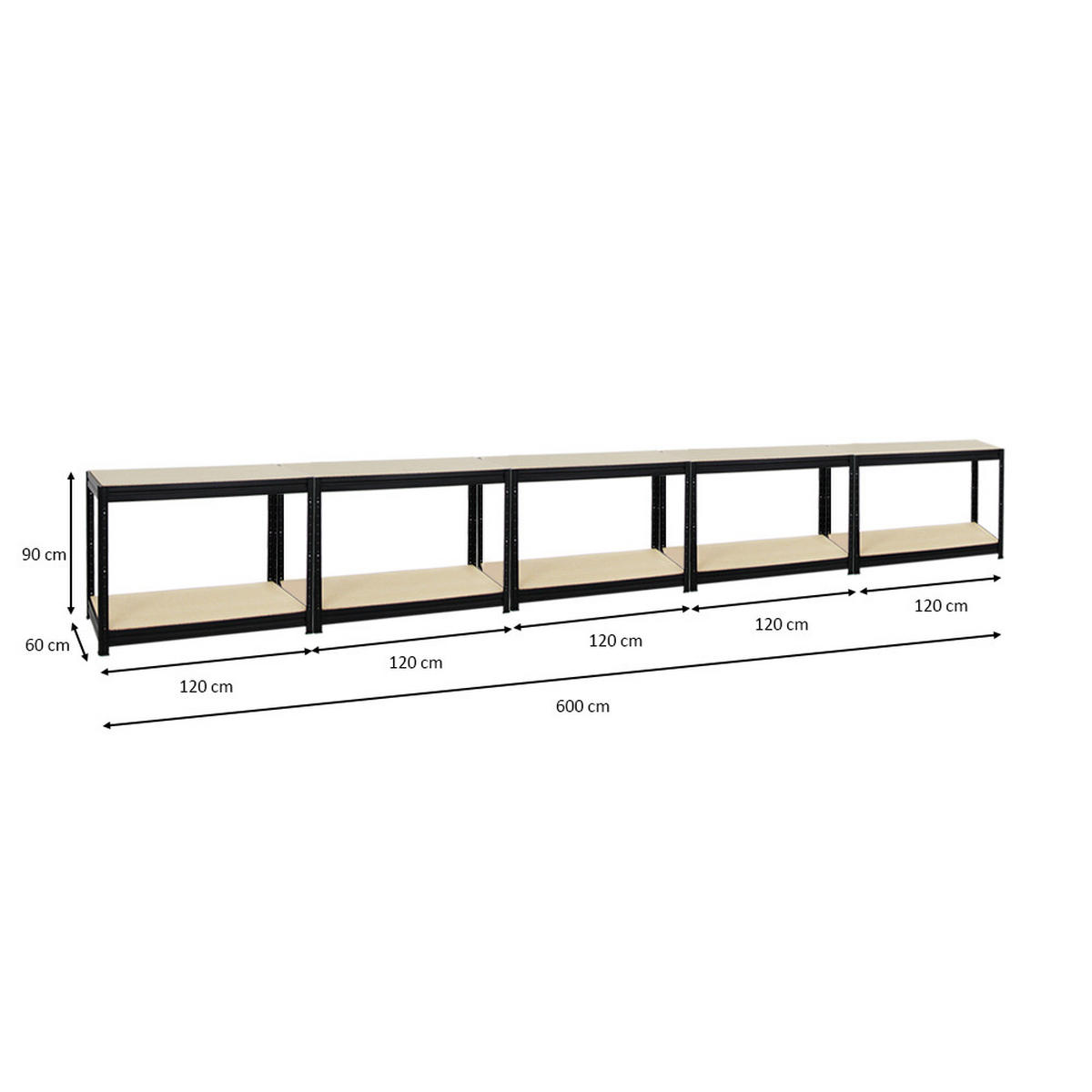 WERKBANK Dino 5er-Set mit 5x höhenverstellbar 90x120x60 cm Traglast 600 kg Schwarz - Schwarz, Metall (600/90/60cm) - PROREGAL