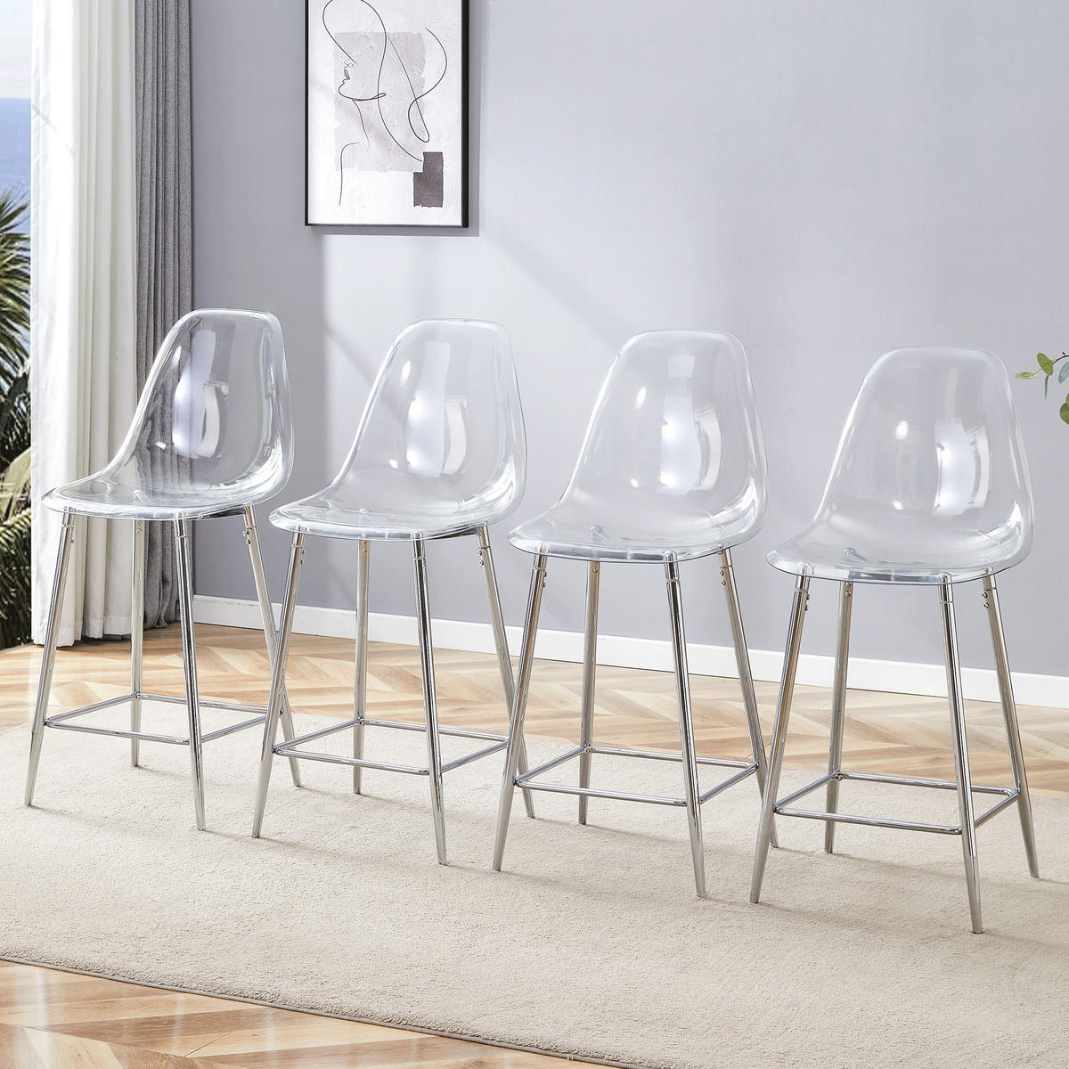 BARHOCKER 4er-Set Silber Transparent mit Metallgestell und Fußstütze - Silberfarben, Kunststoff (51/102/45cm) - PANGIVO