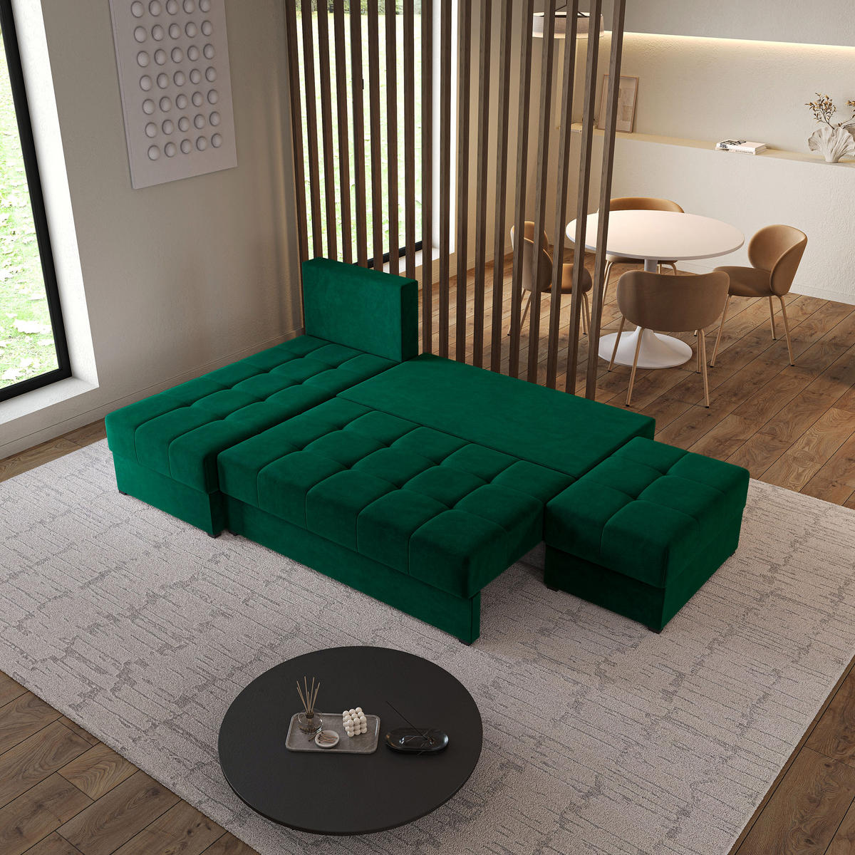 ECKSOFA NORVI Grün Plüsch-Stoff mit Schlaffunktion - Grün, Holz (251/143cm) - MASSENO