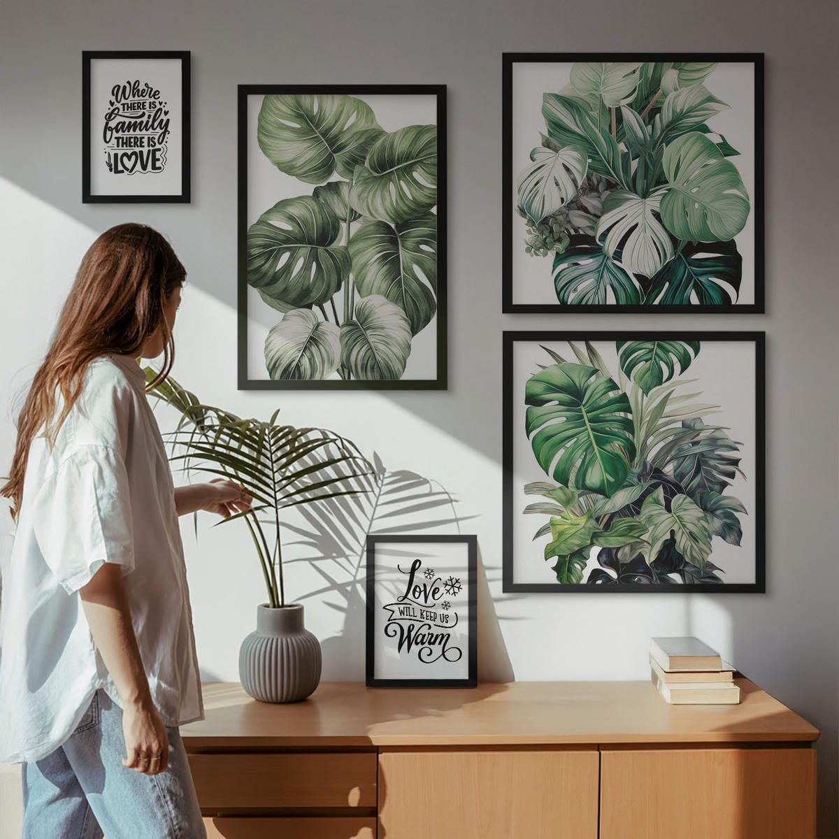 WANDBILDER 5er-Set - 50x50 cm & 20x30 cm & 40x60 cm Schwarzer Rahmen - Gemalte Abstraktionen der Natur - Schwarz, Kunststoff (40/60cm) - ArtPrintCave