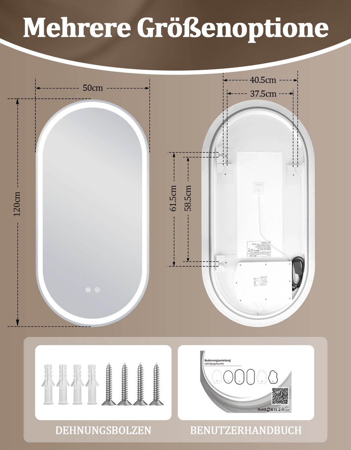 BADSPIEGEL mit Beleuchtung Lorvel 2.9/60/120 cm - Weiß, Glas (60/120/2.9cm) - ZMH