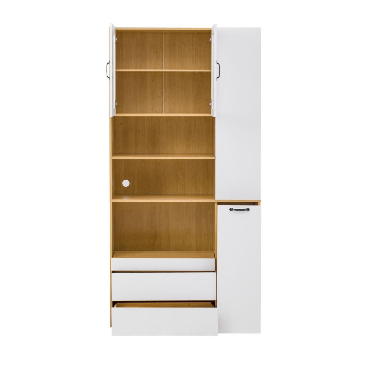 HIGHBOARD 100/40/200 cm mit Schubladen, Glastüren und ausziehbarer Ablage aus MDF, Weiß/Natur - Hellbraun/Weiß, Holzwerkstoff (100/200/40cm) - Redom