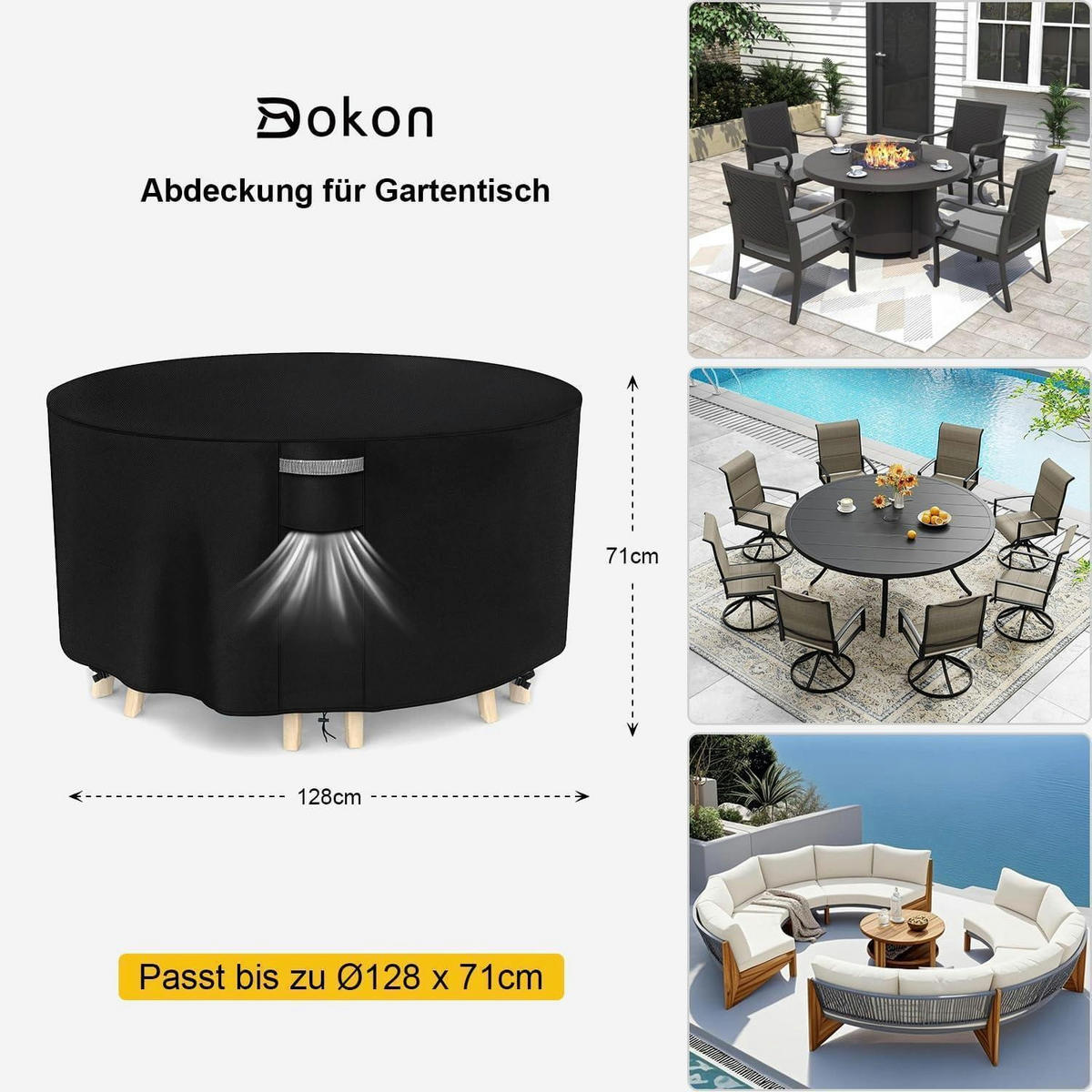 GARTENTISCH Abdeckung Wasserdicht Ø128x71cm - Schwarz, Textil (128/128/128cm)