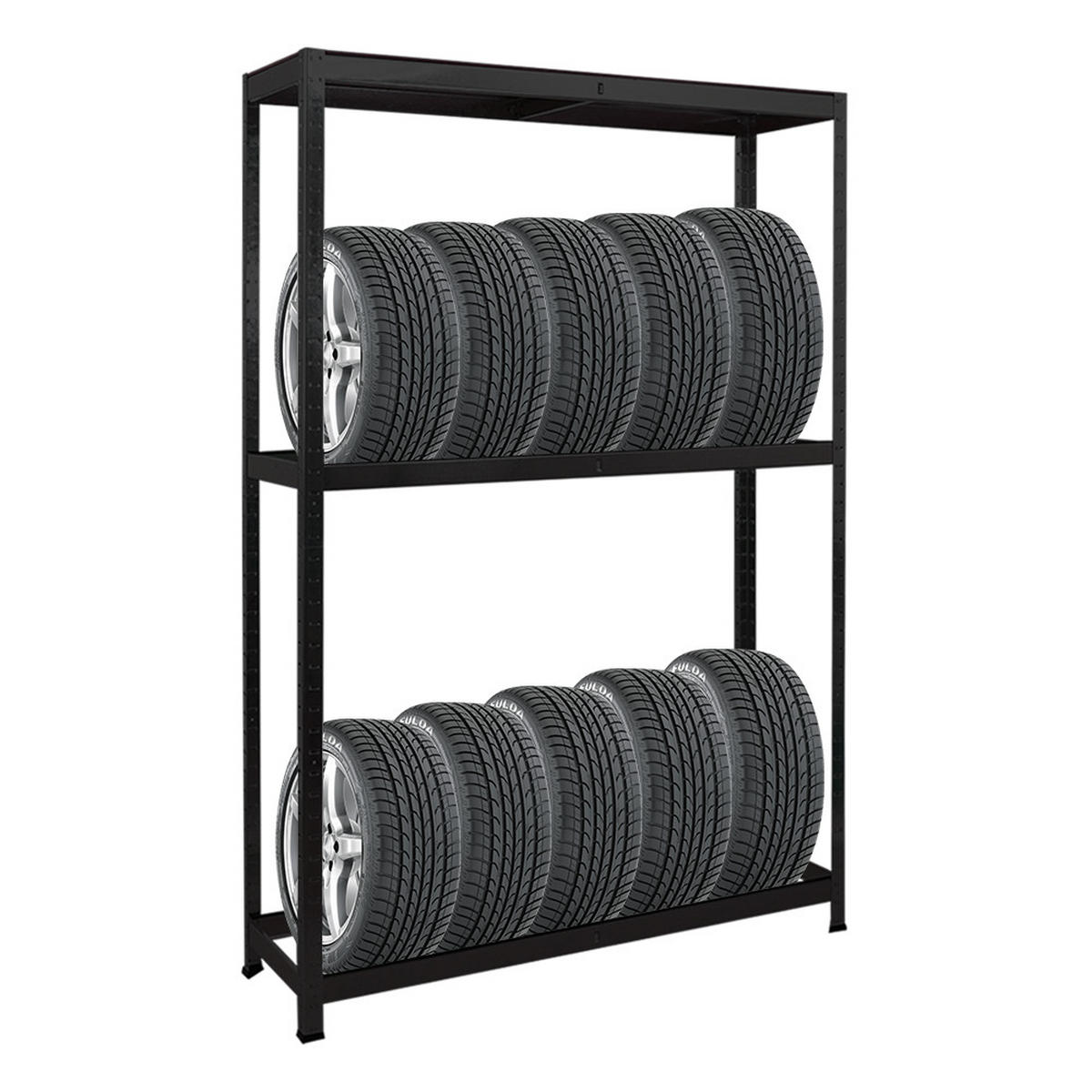 REIFENREGAL Ragnar 180x120x40 cm bis zu 8 Reifen auf 2 Ebenen + Ablage 265 kg Fachlast Schwarz - Schwarz, Metall (120/180/40cm) - PROREGAL