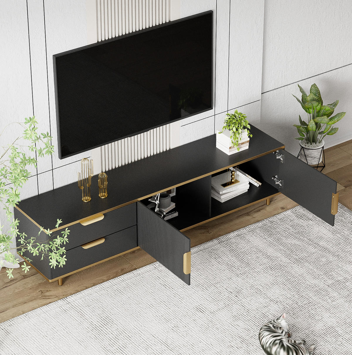 TV omarica 170/45/37 cm z 2 predaloma, 2 vrati in izrezljanimi frontami iz MDF in ivernih plošč, Črna in zlata - črna, leseni material (170/45/37cm) - Redom