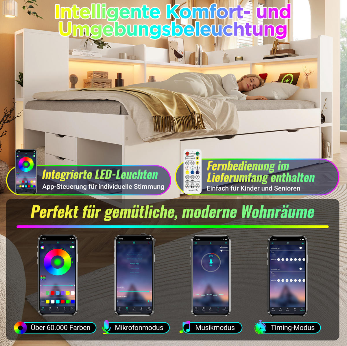 DENNÁ posteľ 140/200 cm biela s LED osvetlením úložným priestorom a USB nabíjaním z MDF a drevotriesky - biela, textil (140/200cm) - OKWISH