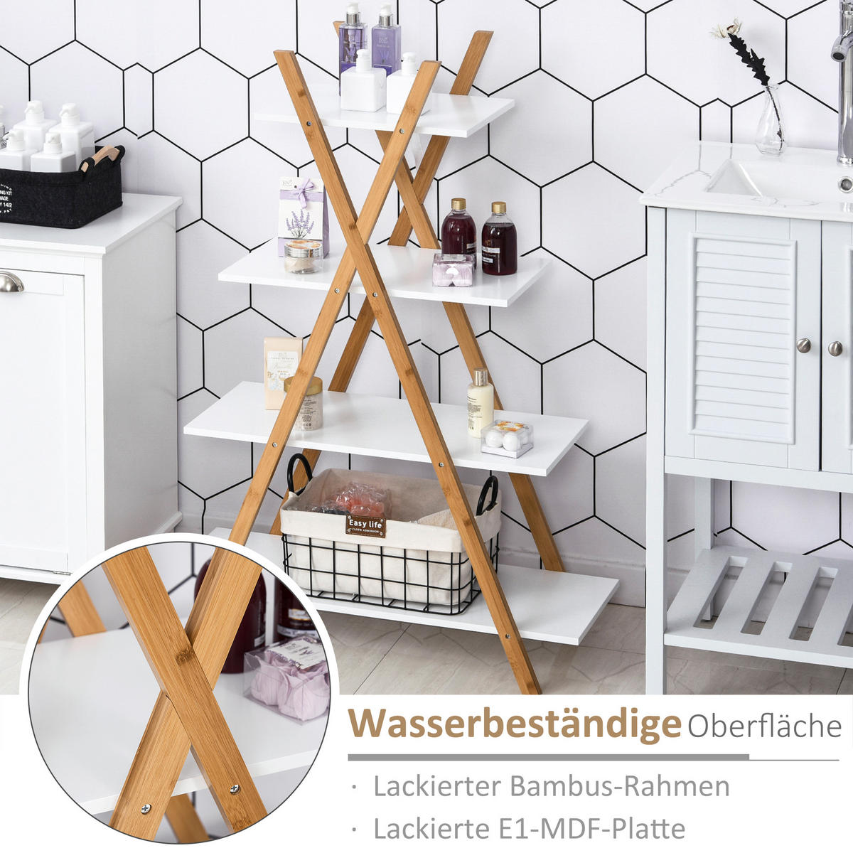 BADREGAL Standregal 4 Ebenen Treppenregal Leiterregal Badezimmer Bambus Weiß - Naturfarben, Holzwerkstoff (33/109/80cm) - Kleankin