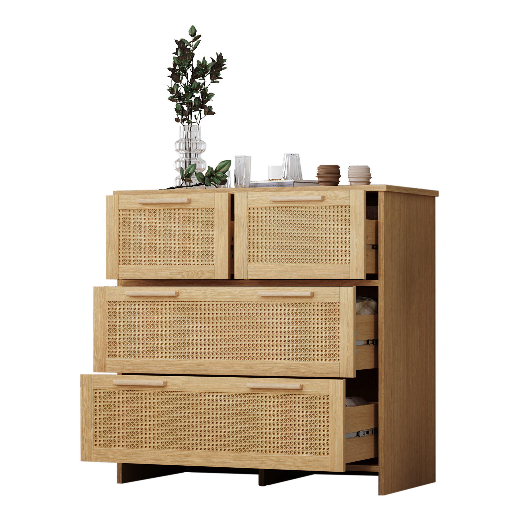Modfu KOMODA z MDF a masivního dřeva 80x80x38 cm přírodní se 4 zásuvkami, ratanovým čelem a ochranou proti převrácení