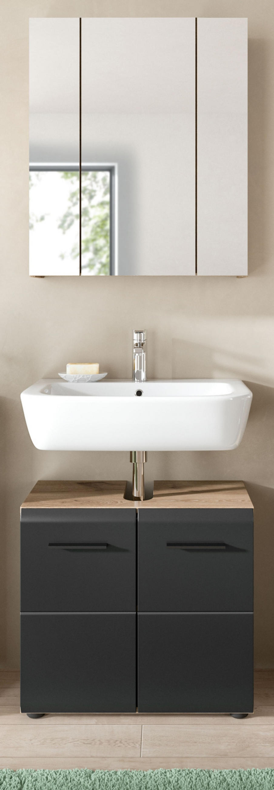 BADMÖBEL-SET 2-teilig schwarz matt, Eiche Nox, Set für Badezimmer und Gäste-WC, Breite 60 cm - Eichefarben/Schwarz, Glas/Holzwerkstoff (60/185/30cm) - Inn.Furn