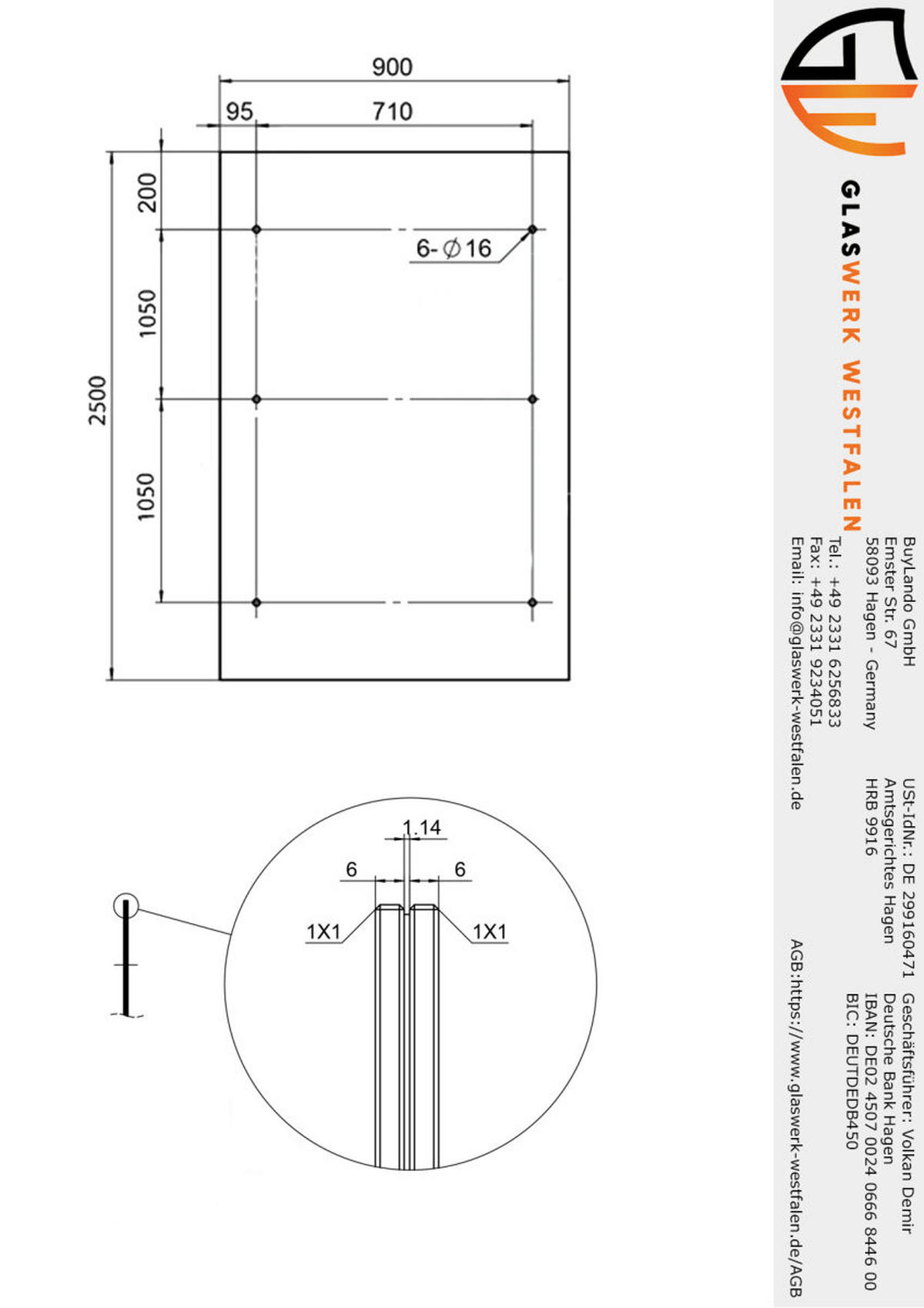 GLASVORDACH 250x90 cm Sicherheitsglas Edelstahl Grauglas V-RAL7016 - Grau, Glas (250/1.31/90cm) -  Glaswerk Westfalen