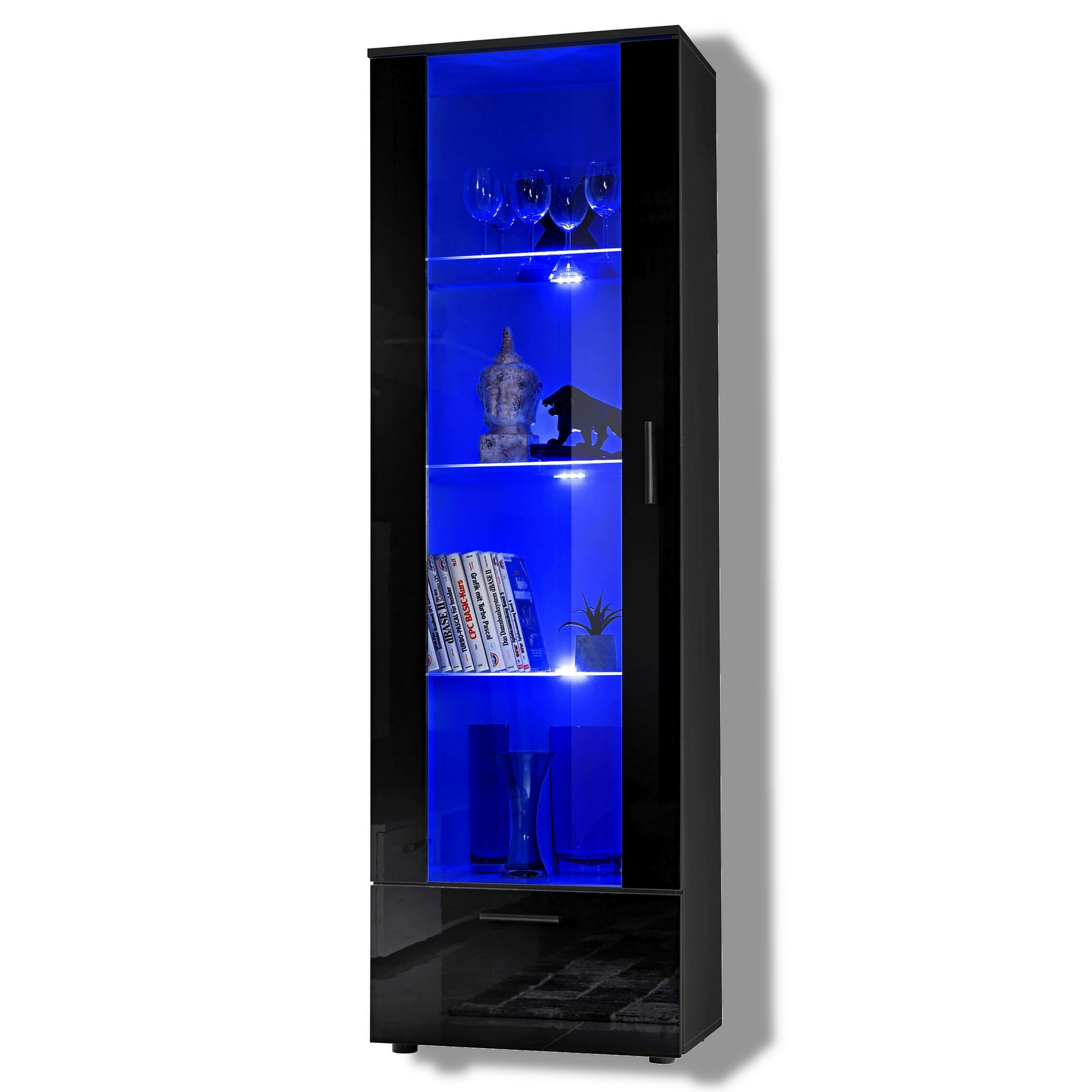 VITRINE ALESSANDRIA, Schwarz, LED Blau - Schwarz, Glas/Holzwerkstoff (60/192/42cm) - Komodee