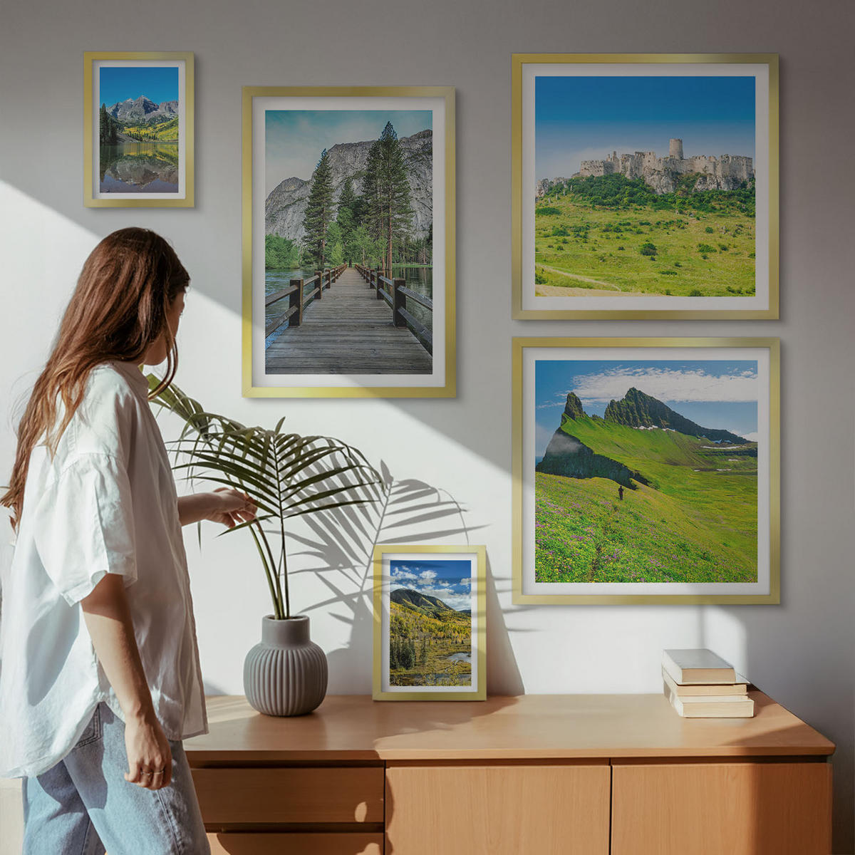 BILDER SET 5er Set - 50x50 cm & 20x30 cm & 40x60 cm Goldrahmen - Wasserfälle, Berge, Wolken, Herbst - Goldfarben, Kunststoff (40/60cm) - TULUP