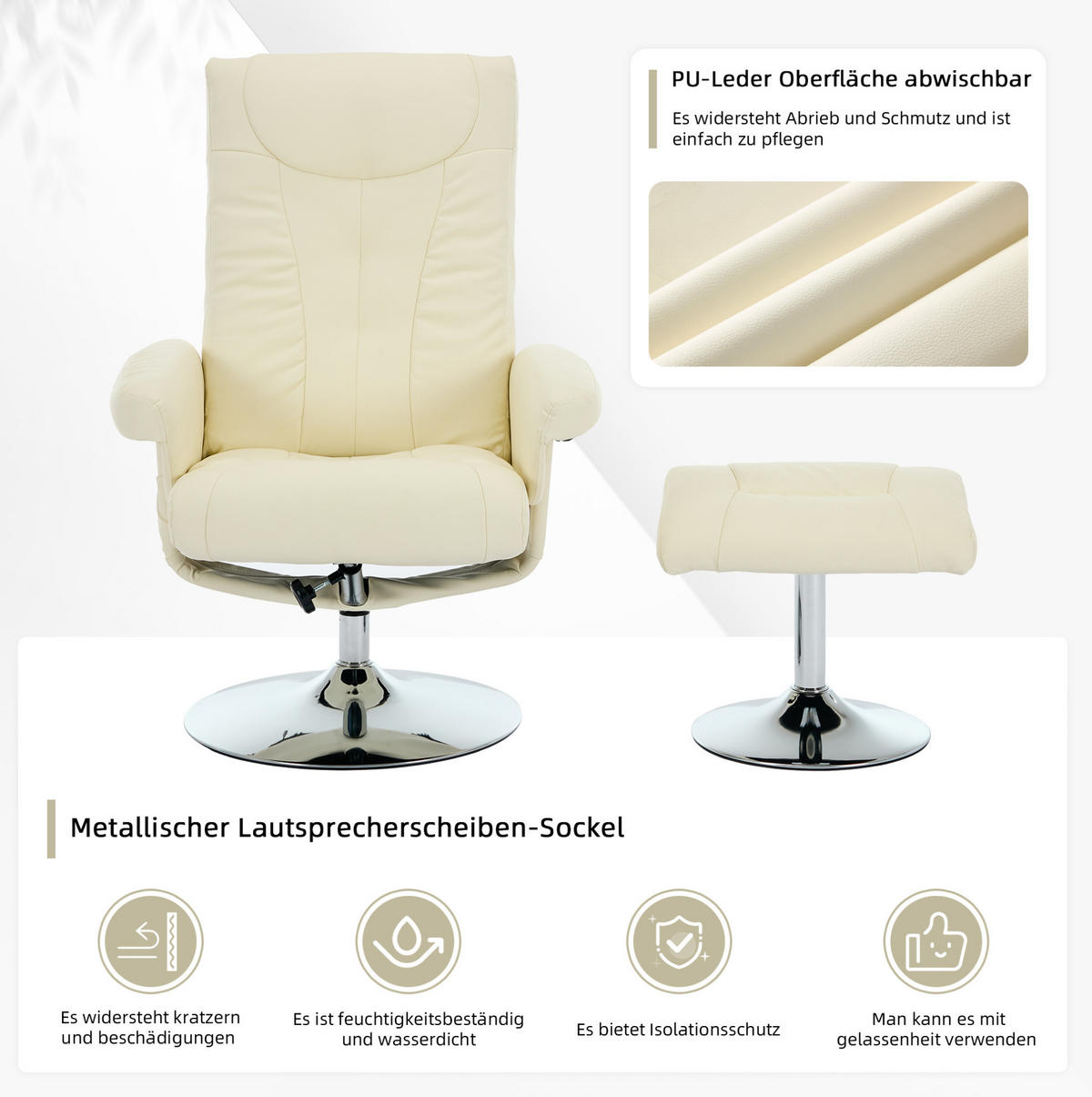 RELAXSESSEL PU mit Massage und Sitzheizung inklusive Hocker 76/75/103 cm Beige - Beige, Kunststoff (75/103/76cm) - Redom