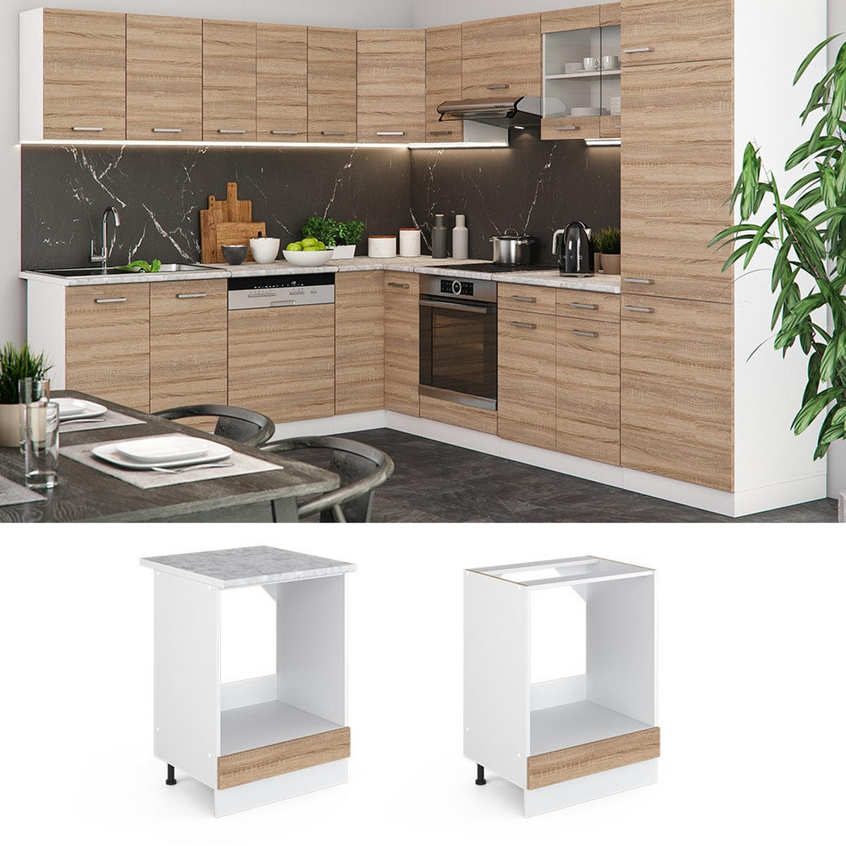 HERDUMBAUSCHRANK R-Line Sonoma 60 cm , AP Anthrazit - Weiß/Sonoma Eiche, Holzwerkstoff (60/81.6/60cm) - Vicco