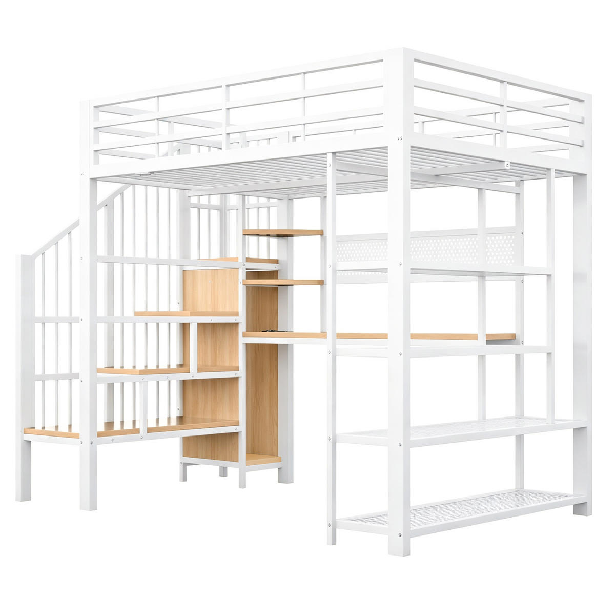 HOCHBETT 140/200 cm aus Metall und Holz mit Staumtreppe LED-Beleuchtung und Schreibtisch Weiß - Weiß, Metall (140/200cm) - Modenvie