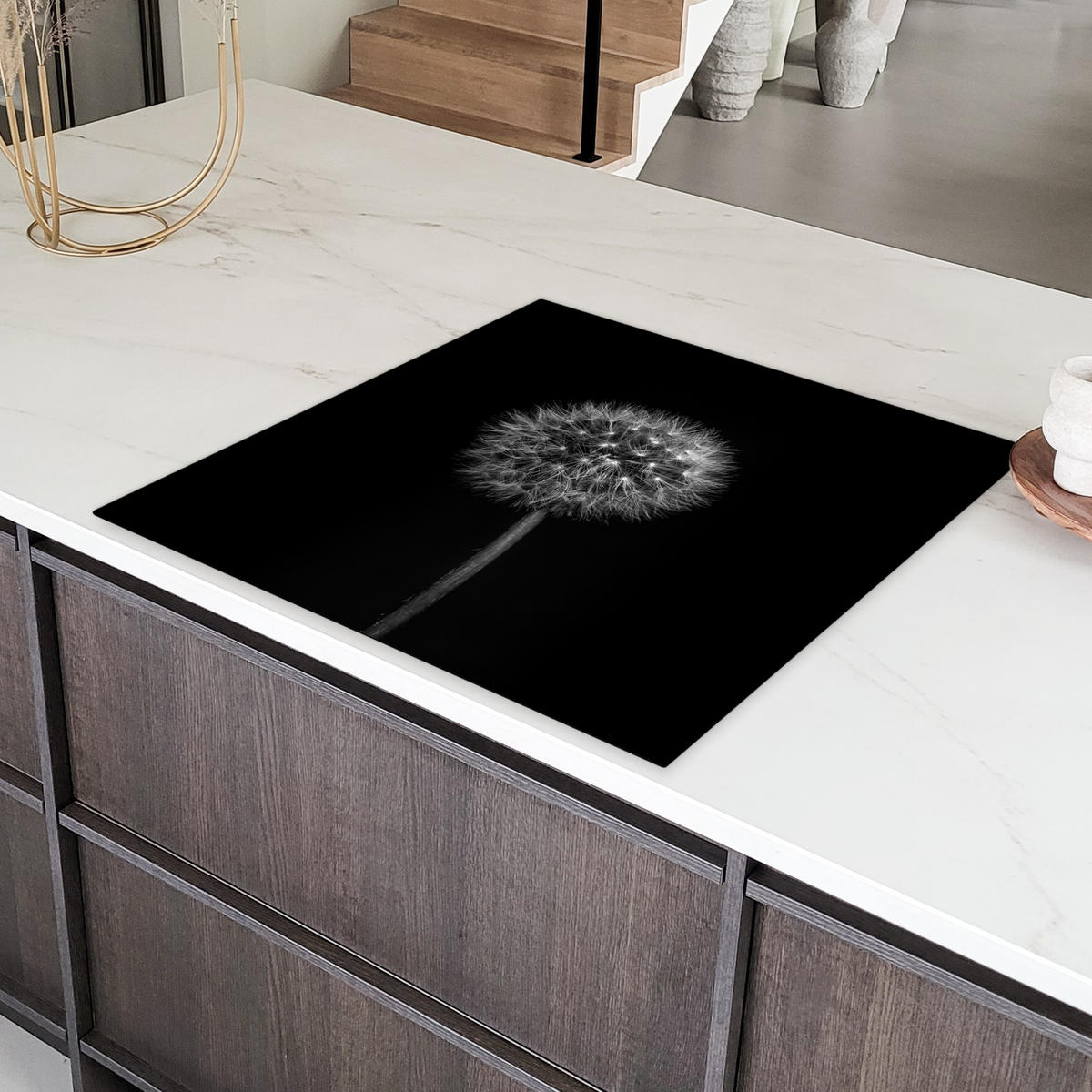 HERDABDECKPLATTE Löwenzahn - Schwarz - Floral - Botanisch 78x78 cm - Grau, Kunststoff (78/0.2/78cm) - MuchoWow