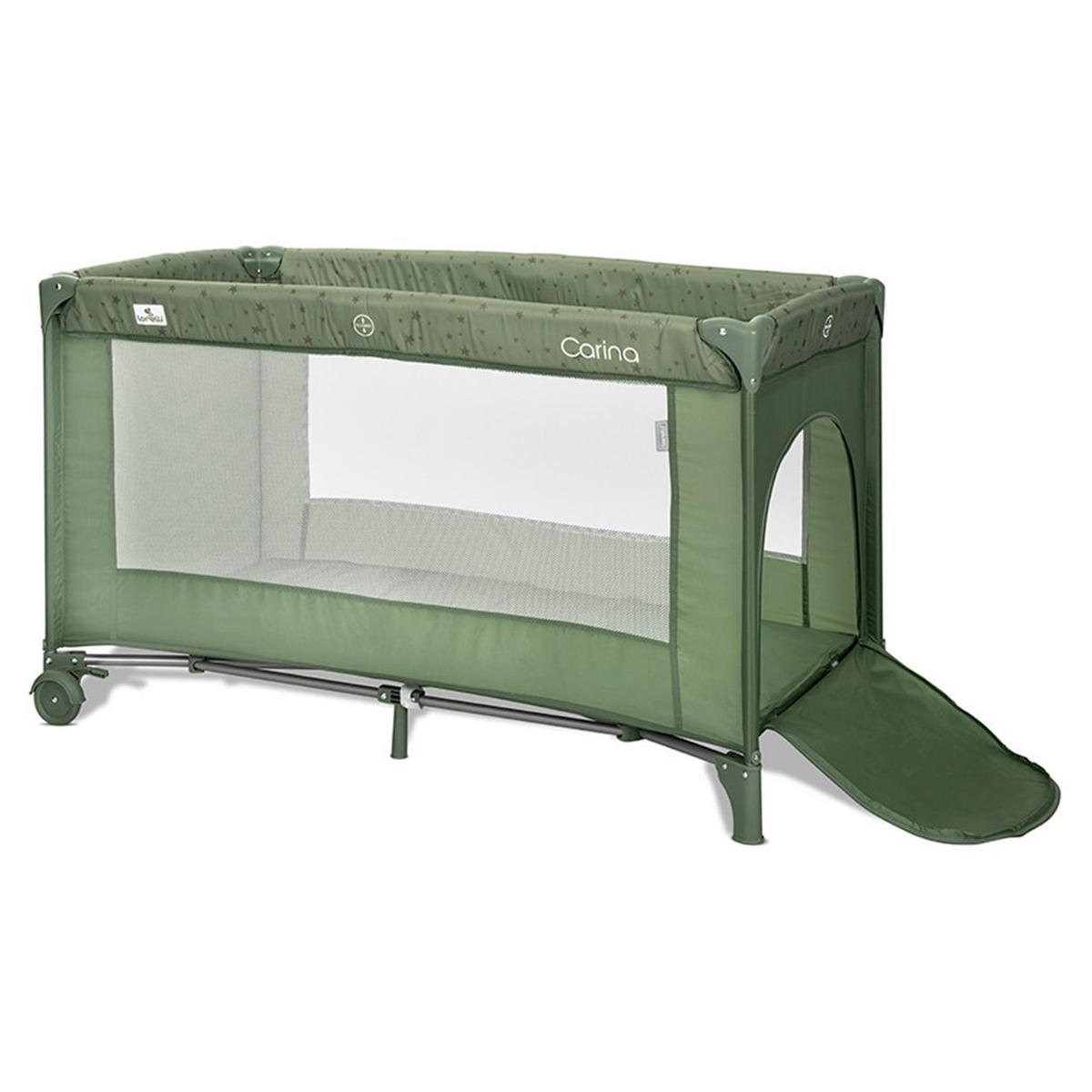 REISEBETT Carina 2 Ebenen dunkelgrün Matratze Tragetasche faltbar Räder mit Bremse - Grün, Kunststoff (67/125cm) - Lorelli