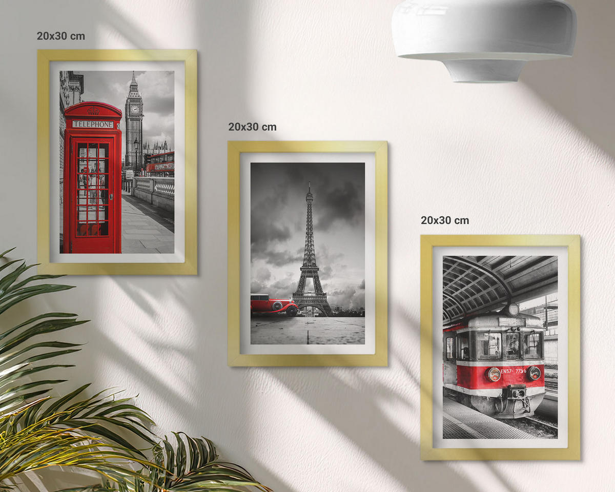 WANDBILDER 3er Set - 20x30 cm Goldrahmen - Ikonen London Paris Verkehr - Goldfarben, Kunststoff (20/30cm) - ArtPrintCave
