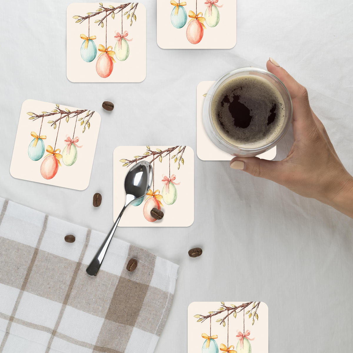 GLASUNTERSETZER 6er-Set Osterkuchen - Schleife - Eier 10x10 cm - Creme, Naturmaterialien (10/0.2cm) - MuchoWow