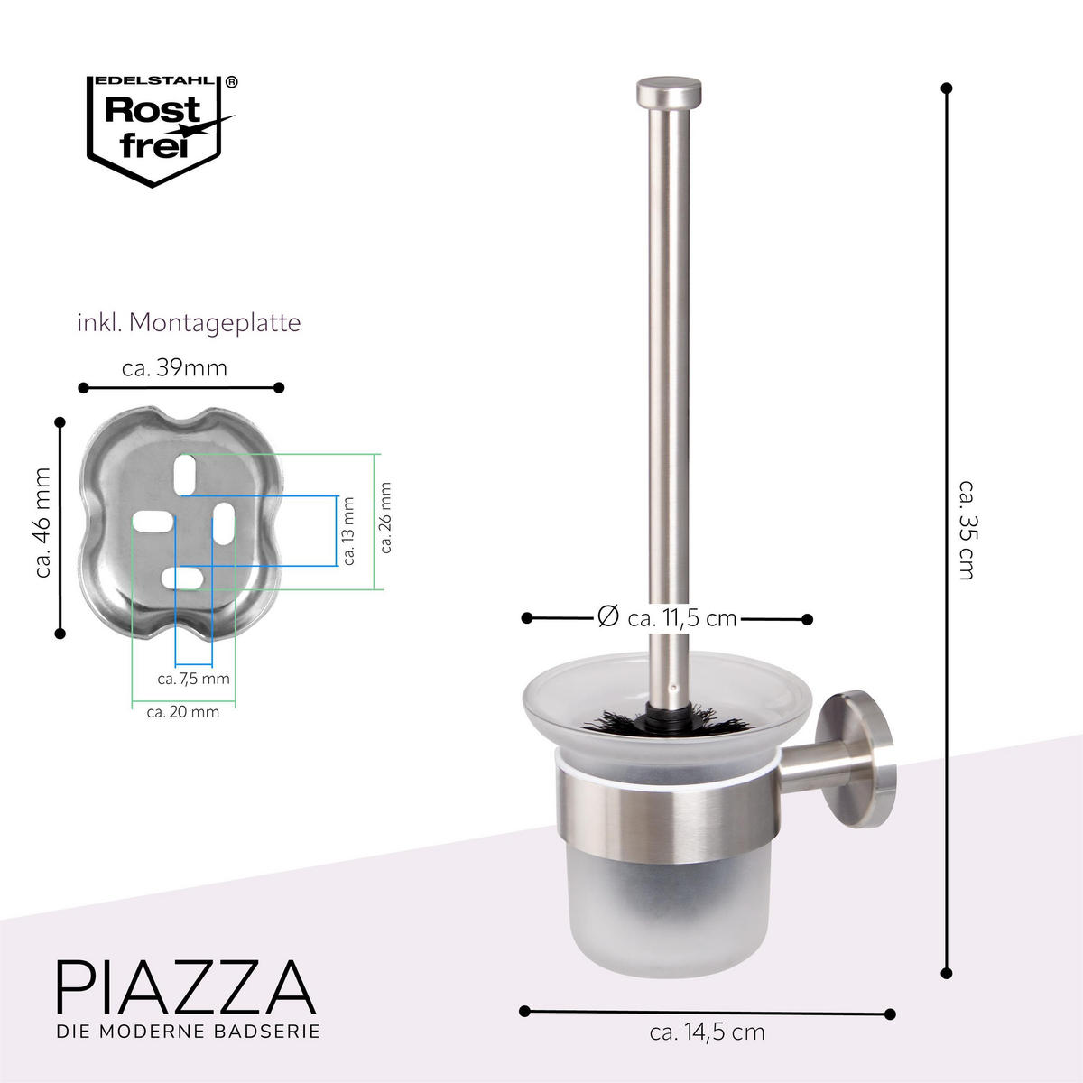 WC-GARNITUR PIAZZA, Edelstahl, matt - Edelstahlfarben, Metall (11.5/35/14.5cm) - bremermann