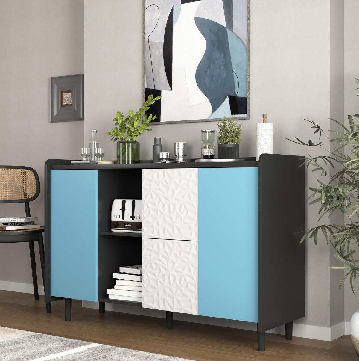SIDEBOARD 120/40/80 cm aus MDF mit 2 Schubladen und offenen Fächern Schwarz/Blau - Schwarz, Holzwerkstoff (120/80/40cm) - Modenvie