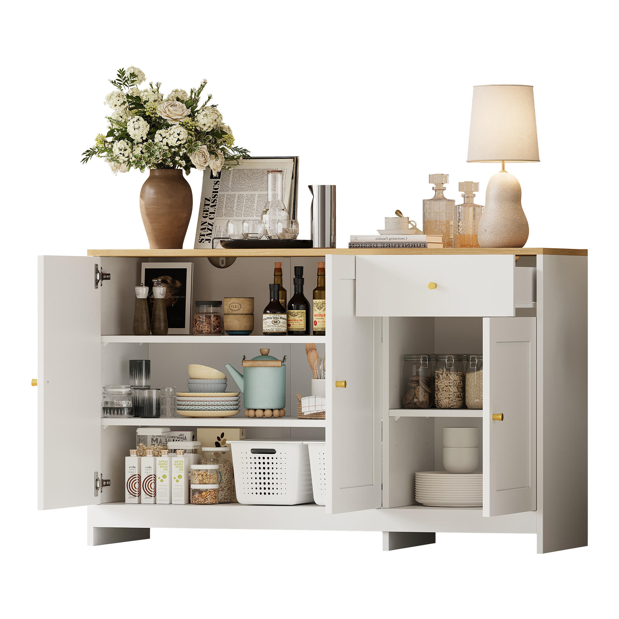 SIDEBOARD Natur Weiß 3 Türen Schublade 120x40x75cm Stauraum - Multicolor, Holzwerkstoff (40/75/120cm) - FLIEKS