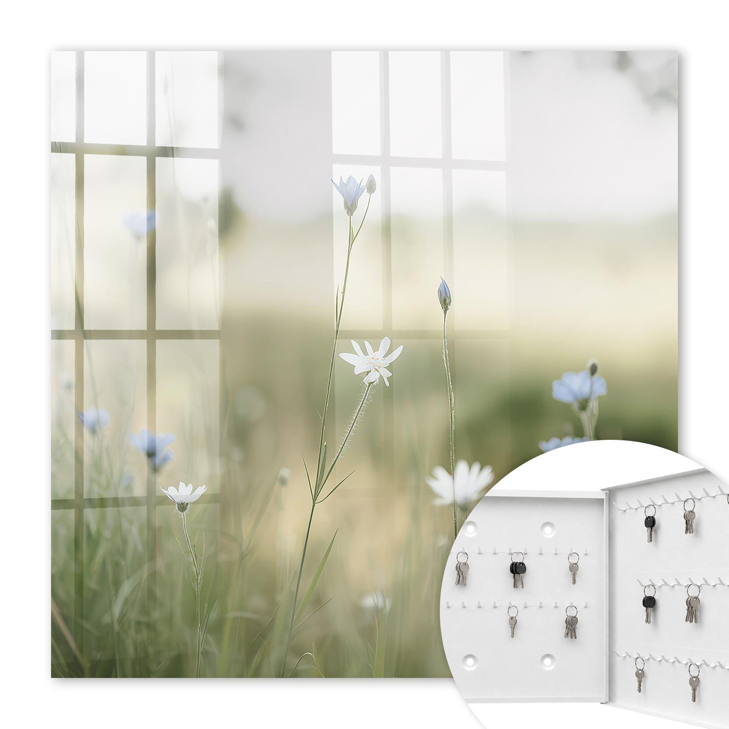 SCHLÜSSELBOX Weiß 30x30 cm – Türöffnung nach rechts - Zarte Blüten - Beige, Metall (30/30/5cm) - TULUP