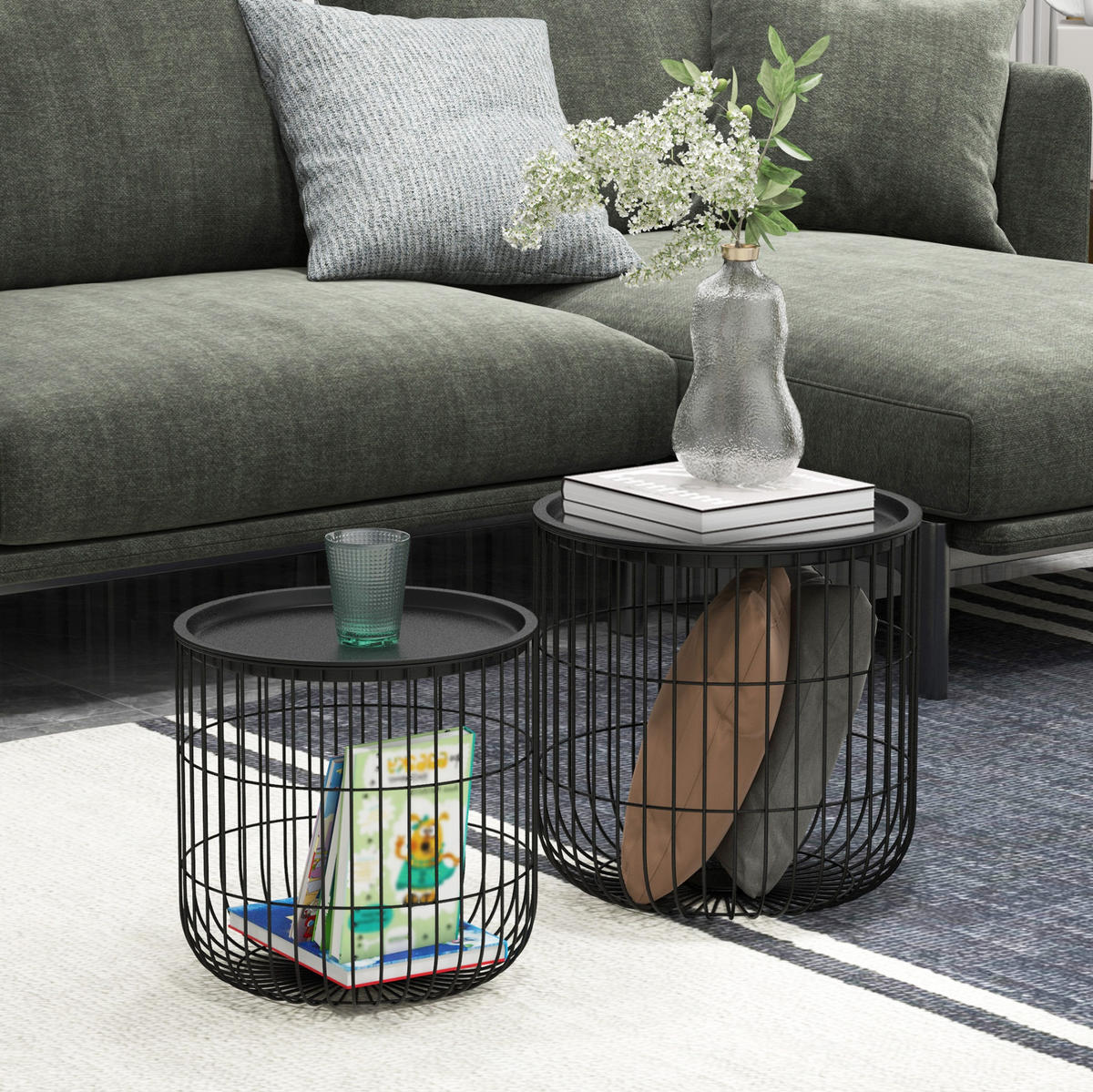 COUCHTISCH 2er-Set 40/35 x 40/35 cm aus Stahl mit Stauraum, Schwarz - Schwarz, Metall (40/40/40cm) - Flora Grace