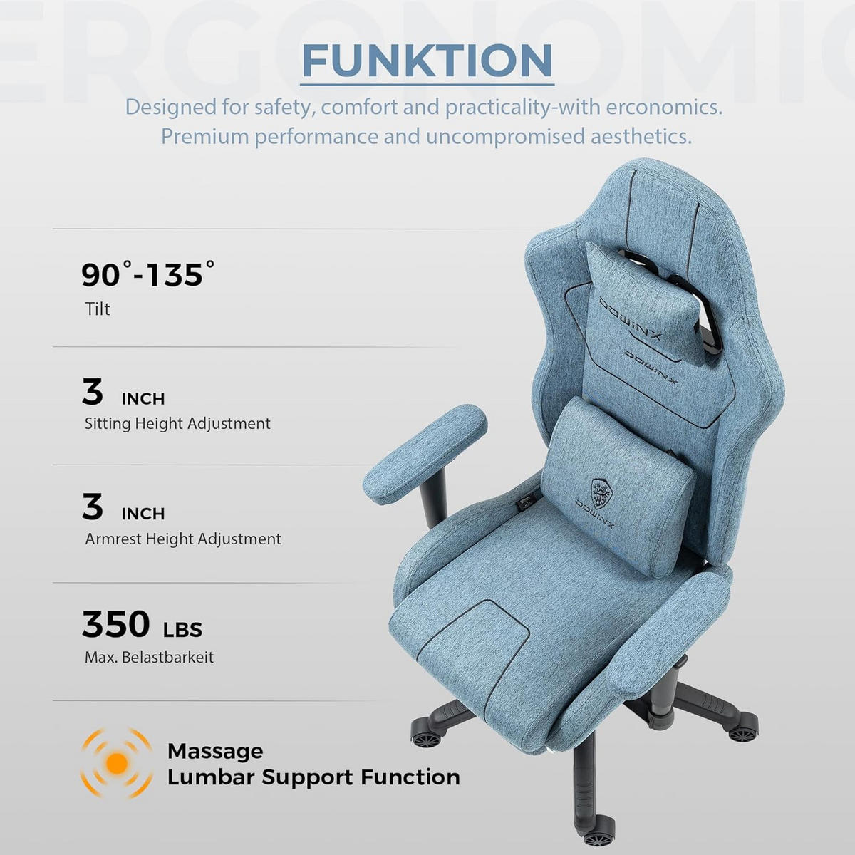 GAMING Stuhl Stoff & Taschenfederkissen PC Bürostuhl & Fußstützen - Blau, Textil (70/130/60cm)