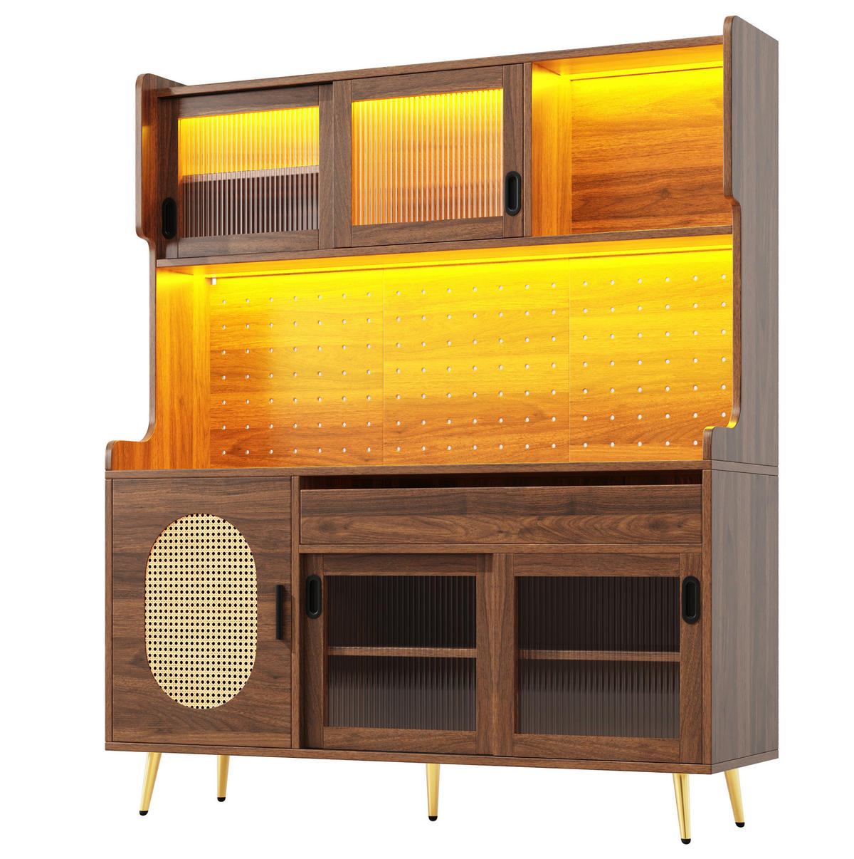 BUFFETSCHRANK 145/39/171 cm braun aus MDF mit LED, Lochplatte und Fluted-Glas-Türen - Braun, Holzwerkstoff (145/171/39cm) - OKWISH
