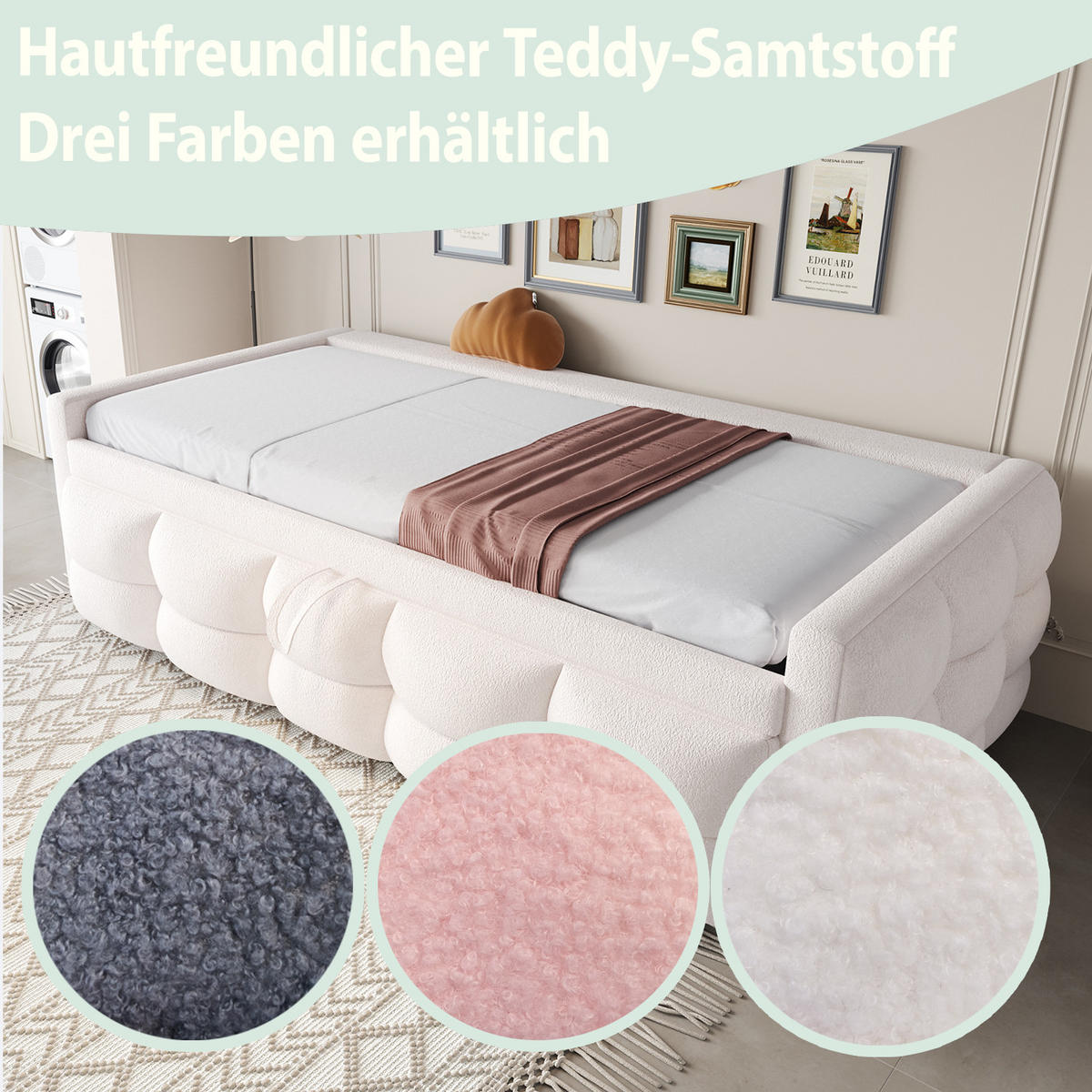 POLSTERBETT 90/190 cm beige aus Samt mit Ausziehfunktion - Beige, Textil (90/190cm) - OKWISH