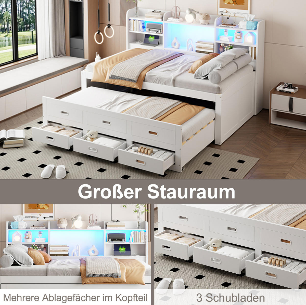 TAGESBETT 90/200 cm mit Ausziehbett, LED-Beleuchtung, USB-/Type-C-Anschluss und 3 Schubladen, Spanplatte/MDF, Weiß - Weiß, Holzwerkstoff (90/200cm) - Redom
